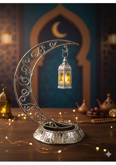 Dodomar 28 Cm Ramazan Dekoratif Masa Üstü Led Lamba Seti - Gümüş Hilal - Kancalı Diğer