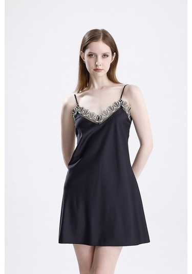Laperissa Kadın Siyah Saten Dantelli Ayarlanabilir Askılı Şık Gecelik Siyah