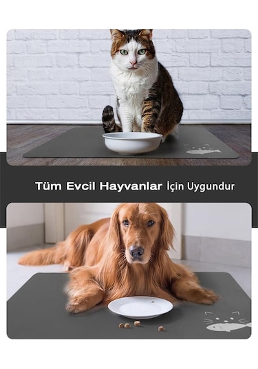 MatGo Pati Balık Figürlü Su Geçirmez Kaymaz Gri Kedi Köpek Mama Paspası 50 x 70 CM