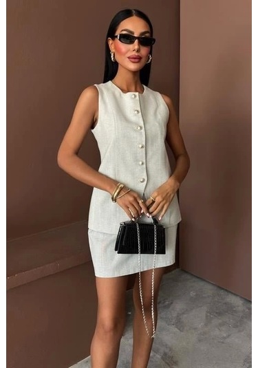 Uzun Yelek Mini Etek Flamlı Keten Takım 10148 Açik Gri