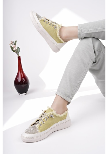 Muggo Damsel Bağcıklı Taşlı Kadın Günlük Denim Sneaker Spor Ayakkabı Yeşil