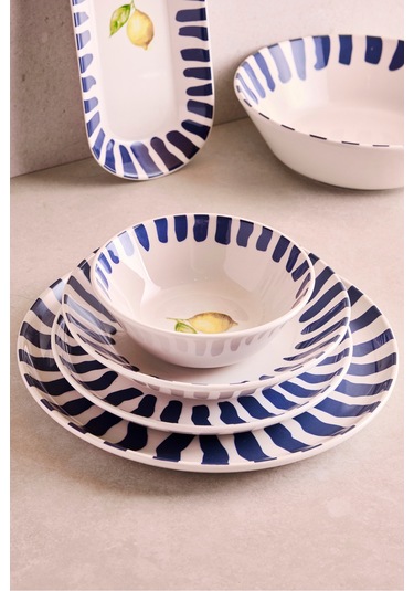 Limone Blu 27 Parça 6 Kişilik Seramik Yemek Takımı Limon Desenli Mavi Çizgili Sunum Seti Cokrenklı Çok Renkli