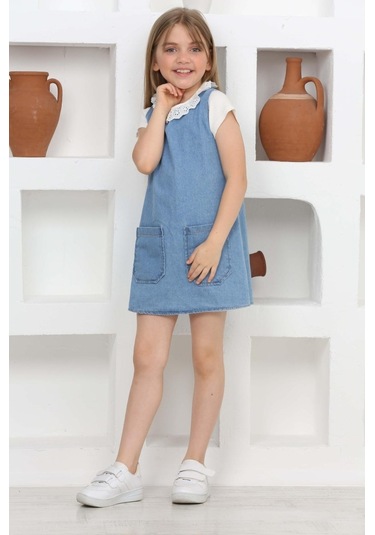 Kız Çocuk 2'li Jean Elbise Çift Cepli Jean Elbise+bluz 12203 Mavi