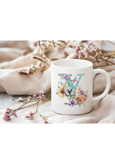 Y Harfi Çiçekli Kupa Bardak - Soft Renk Çiçek Ve Kelebek Desenli Zarif Kahve Kupası - Bohem Beyaz