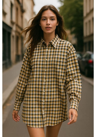 Kadın Sarı Oversize Ekoseli Gömlek Over Fit Relaxed Kareli Gömlek Çok Renkli