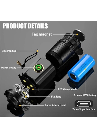 Dongjing 2000lm Süper Parlak Usb Şarj Edilebilir El Feneri Güç Siyah