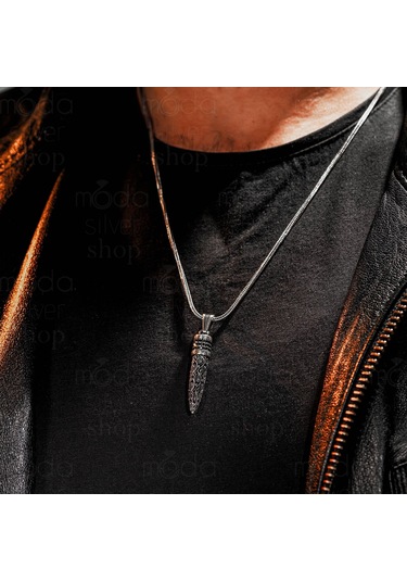 925 Ayar Gümüş Mikro Taşlı Mermi Tasarım Erkek Kolye Gümüş