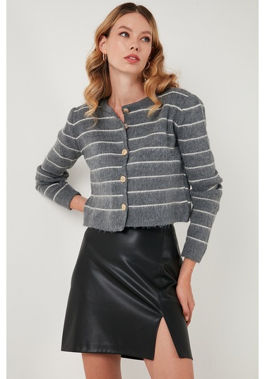 Lela Standart Fit Çizgili Yumuşak Dokulu Crop Triko Bayan Hırka 4615551 Gri