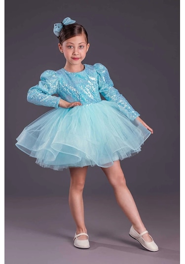 Uzun Kol Balerin Elbise Tütü Etek Pul Payetli Turkuaz