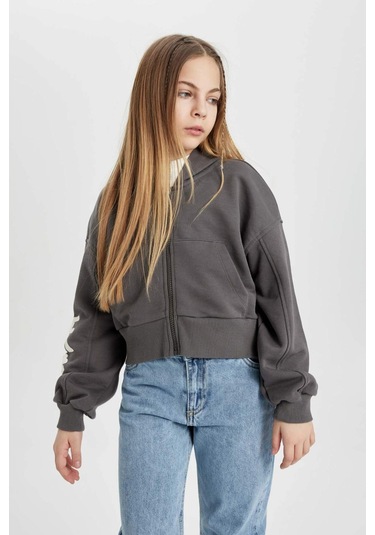 Defacto Kız Çocuk Kapüşonlu Fermuarlı Sweatshirt B9553A824SPGR311 Gri