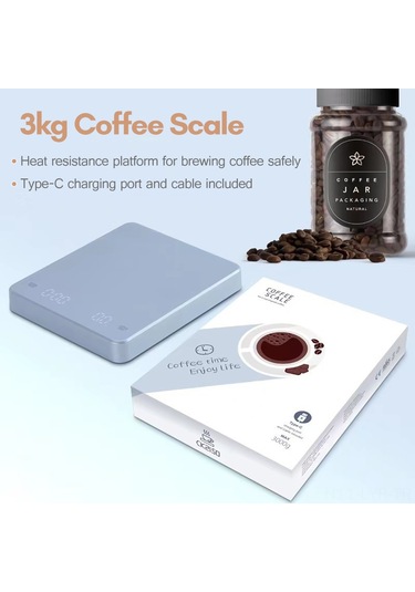 Ranyeek 3000g Hassas Kahve Terazi, Led Ekranlı Ve Zamanlayıcı Fonksiyonlu, Dahili Li-pol Batarya, Yüksek Sıcaklığa Dayanıklı, Mavi Açık Mavi