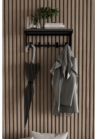 Aju Modern Portmanto Duvar Tipi Askılık Ve Raf Ceket Şemsiye Çanta Havlu Elbise Posta Koridor Askısı Siyah