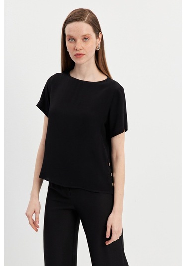 Stella Pulvis Siyah Düğme Detaylı Kısa Kol Maroken Bluz