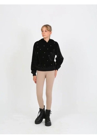 Kız Çocuk Peluş Taşlı Kapüşonlu Sweatshirt-14826 Siyah