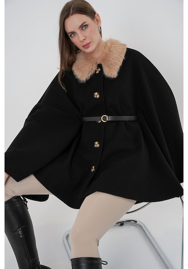 Kadın Kemerli Kaşe Panço 9165 - Siyah Siyah