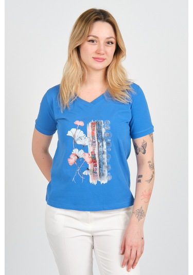 Sistas Kadın Baskı Desenli V Yaka Kısa Kollu Pamuklu Bluz 24100 Saks Saks