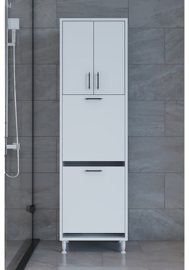 Makbulce Nergiz Beyaz Ve Renkli Kirli Çamaşır Sepetli Çok Amaçlı Banyo Dolabı Beyaz