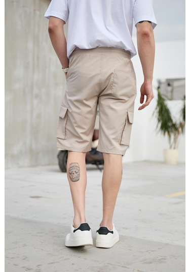 Bej Renk Kargo Cepli Paraşüt Kumaş Erkek Şort-1556 Bej