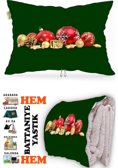 Yılbaşı Noel Desen Baskılı Tv Battaniyeli Opsiyonel Dekoratif Hediye Yastık Battaniye 2in1 Gifts-1 Çok Renkli