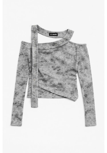 Itsbasic Kadın Gri W5 Asimetrik Kesim Özel Kumaş Tasarım Crop Top