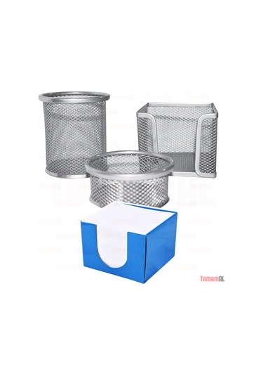 Ofis Masa Set Kalemlik + Küp Bloknot Kağ + Ataçlık 3+1 Metal File