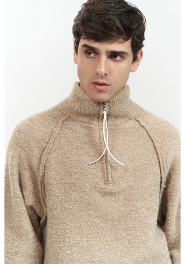 Zane Fermuar Detay Vizon Erkek Triko Kazak Vizon