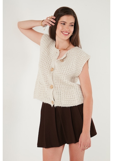 Lela Premium Oversize Fit Bisiklet Yaka Düğmeli Örgü Bayan Yelek 680Yl1416 Taş