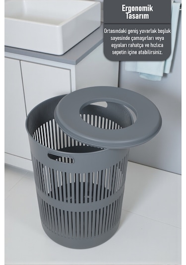 İronika Solara Dekoratif Kirli Çamaşır Sepeti Oyuncak Sepeti 60 Litre - Gri Gri