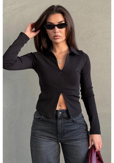 Siyah Polo Yaka Çift Fermuarlı Slim Fit Kadın Body Mg2652 Siyah
