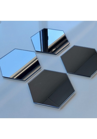 Decorita Ayna Bardak Altlığı - Altıgen Ayna Bardak Altlığı - Füme Ayna 4'lü Takım Füme