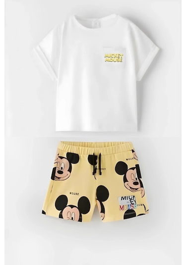Unisex Bebek & Çocuk Mickey Mouse Baskılı Pamuklu Bisiklet Yaka Beyaz T-shirt Ve Şort Alt Üst Takım Beyaz
