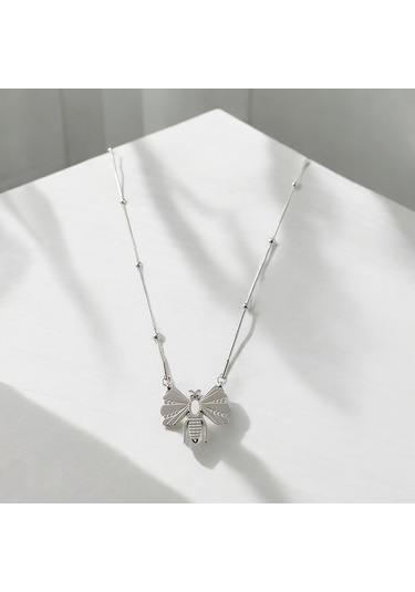 Kadın Çelik Sedef Taş Boncuk Zincirli Arı Kolye Gümüş Renk Çelik