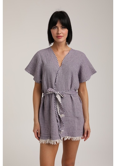 Life For Moda Kadın Kuşaklı Müslin Pareo Kimono P 80 Mor