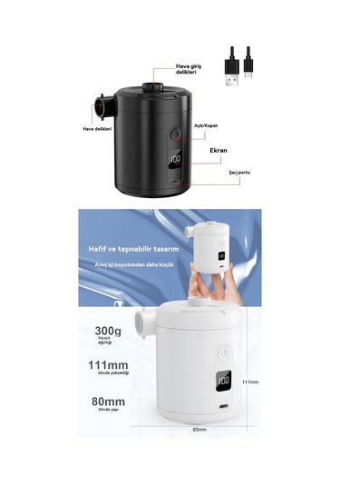 Lyon Dijital Açık Mini Hızlı Pompa Hava Yastağı Yüzme Halkası Kablosuz Taşınabiler Siyah