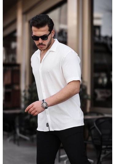 Tex Republic Erkek Beyaz Oversize Yazlık Bürümcük Gömlek Beyaz