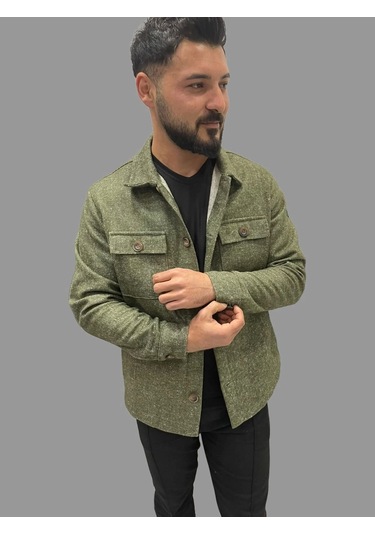 Erkek Cep Detaylı Kışlık Haki Kaşe Gömlek Haki