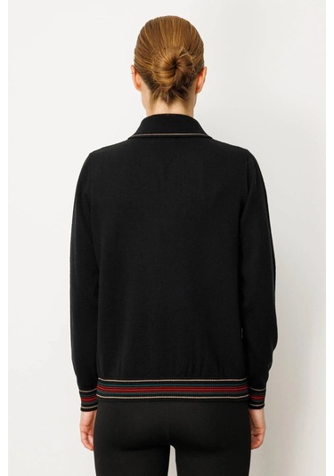 Desen Triko Polo Yaka Simli Çizgili Kadın Yün Bluz 25080d Siyah