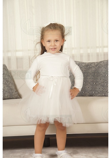 Tüllü Baskısız Düz Üst Kısım Ribana Alt Kısım Astarlı Tütü Etek Kız Çocuk Prenses Uzun Kollu Elbise Uzun-beyaz Beyaz