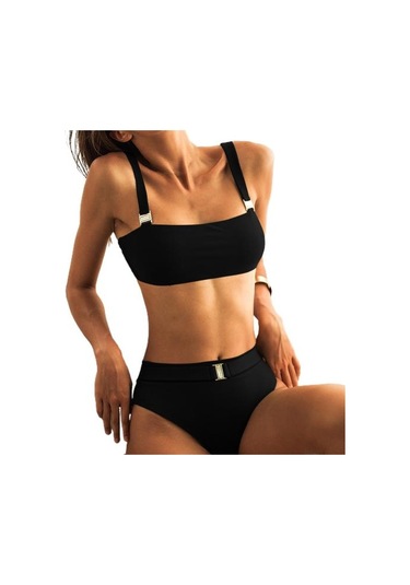 2 Adet/takım Şık Mayo Yastıklı Slim Fit Yaz Askı Tasarım Bikini Seti Hawaii İçin Siyah