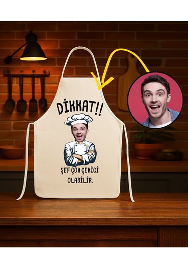 Kişiye Özel Karikatür Fotoğraflı Mutfak Önlüğü Dikkat Şef Çok Çekici Önlük Çok Renkli