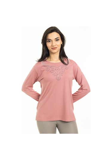 Kadın Orta Yaş Ve Üzeri Yeni Model Yuvarlak Yaka Likralı Anne Penye Bluz 30550-pudra