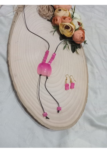 Deri İpe Yapılmış Pembe Uçlu Modern Y Kolye Ve Küpe Takımı Pembe