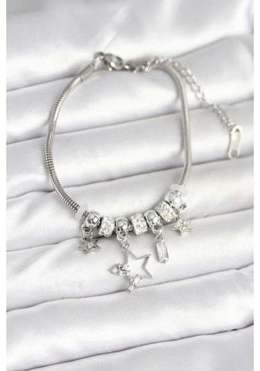 Pirinç Gümüş Renk Yıldız Charmlı Kadın Bileklik Çok Renkli