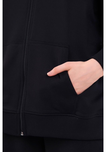 Kadın Siyah Normal Kalıp Basic Beli Lastikli Kapüşonlu Oversize Mevsimlik Alt Üst Eşofman Takımı Cmre7367 Siyah