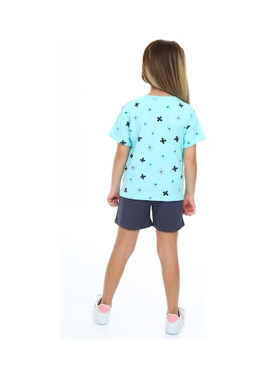 Toontoy Kız Çocuk Garni Komple Çiçek Baskılı Şortlu Takım Su Yeşili