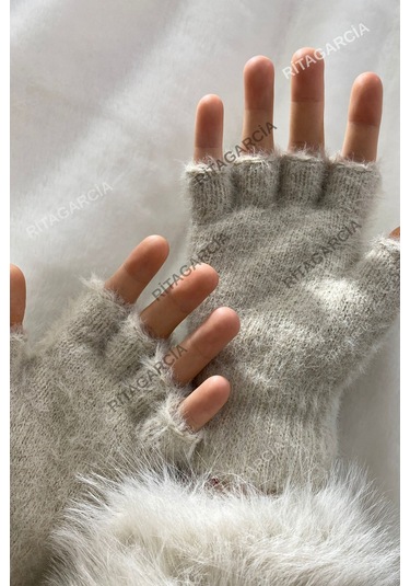 Peluş Kesik Parmak Eldiven Bej