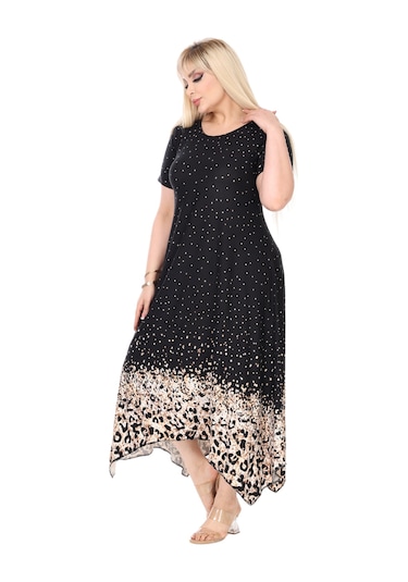 Melsay Butik Siyah Puanlı Eteği Leopar Desen Asimetrik Kısa Kollu Elbise Siyah