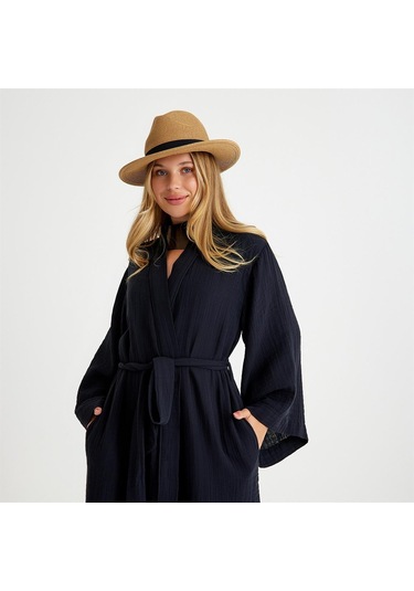 Miespiga Pamuklu Dokuma Beli Kuşaklı Maxi Kadın Kimono Kaftan - Small Medium Siyah