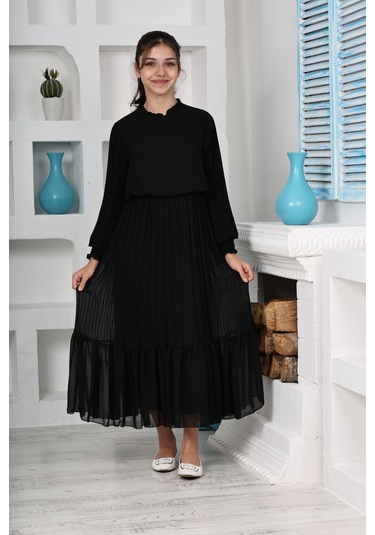 Kız Çocuk Uzun Boydan Pliseli Pamuklu Şifon Uzun Elbise Siyah