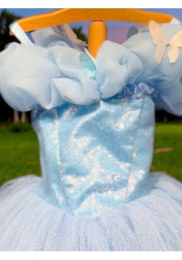 Kız Çocuk Prenses Yaka Kelebek İşlemeli Pullu Tarlatanlı Abiye Elbise-15464 Mavi